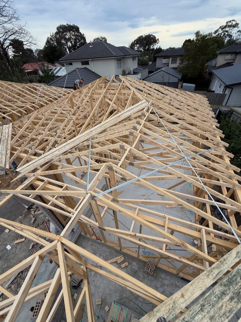 Looking down over roof trusses on a townhouse site in Boronia