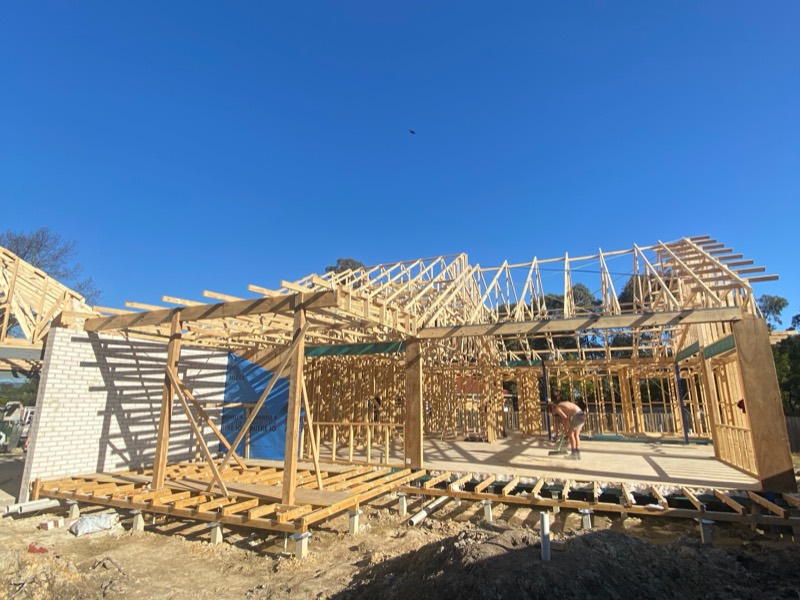 Roof trusses up across the full Ringwood frame